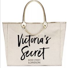 Brand New Victoria'S Secret Canvas Tote Bag. Beautiful Bag, Ivory Color Interior Zip Pocket 16l X 8w X 7h 7 Drop Length Bond Street London, Victoria Secret Jeans, City Tote Bag, Victoria Secret Pink Logo, Gold Tote Bag, Victoria Secret Tote Bags, Color Interior, Grey Tote, Studded Jeans