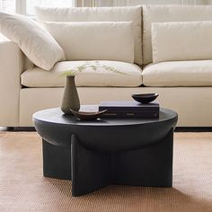 a living room with a couch, coffee table and vase on the floor in front of it