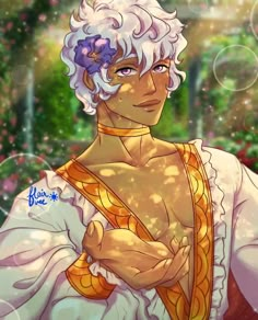 an anime character with white hair and blue eyes, wearing a gold outfit in front of flowers