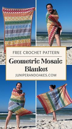 Woman modeling a rainbow-colored crochet blanket on the beach, crocheted using overlay mosaic crochet. Crochet Overlay Pattern, Crochet Mosaic Pattern Free Chart, Overlay Mosaic Crochet Patterns Free, Mosaic Crochet Blanket, Crochet Blanket Border