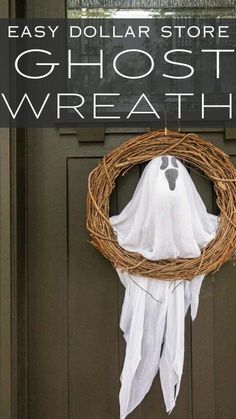 an easy dollar store ghost wreath hanging on the front door