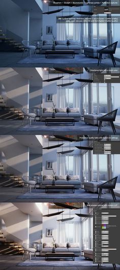 multiple images of the interior of a building with windows and furniture in it, all showing different angles