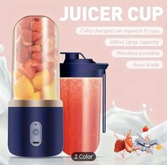 the juicer cup is filled with fruit and has two cups next to each other