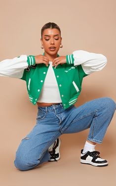 Women's Cropped Varsity Bomber Leather Jacket In Green Varsity Jacket Outfit, Leather Shorts Women, Short Leather Skirts, Leather Jumpsuit, Shearling Vest, Distressed Jacket, Western Jacket, Cropped Leather Jacket, Leather Shirt