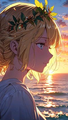 a blonde haired girl standing on top of a beach next to the ocean at sunset