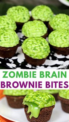 there are some cupcakes with green icing on them and the words zombie brain brownie bites