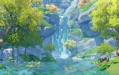 a painting of a waterfall in the middle of a forest filled with trees and rocks