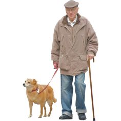 an old man walking his dog on a leash with a hat and coat over it