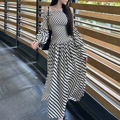 Lasaky - Elegant Striped Midi Dress with Waist-Empire Design Off-shoulder Striped Dresses For Spring, Striped Off-shoulder Dress For Spring, Summer Striped Pleated Dress, Pleated Striped Dresses For Spring, Empire Design, Puff Dress, Black Knit Dress, Striped Midi Dress, Sleeveless Floral Dress