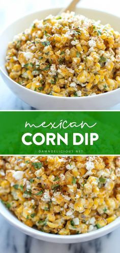 mexican corn dip in a white bowl on a marble counter top with text overlay