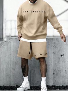 Men's Letter Print Pullover Hoodie And Drawstring Waist Shorts Set Khaki Casual    Letter  Slight Stretch  Men Clothing, size features are:Bust: ,Length: ,Sleeve Length: Sweatshirt And Shorts Outfit Men, Mens Clothing Styles 2024, Urban Clothing Men, Mens Shorts Outfits, Drawstring Waist Shorts, Mens Boots Fashion, Fashion Aesthetics