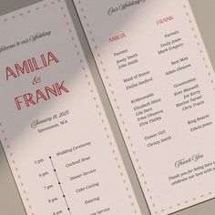 two wedding programs with red lettering on them