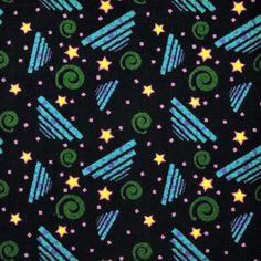 a black background with colorful stars and swirls on the bottom, in blue, green, pink, and yellow