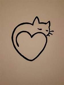 a black and white drawing of a cat with a heart