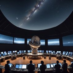 people sitting in front of multiple computer screens looking up at the stars and planets above them