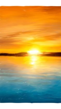 an oil painting of the sun setting over water with blue and orange clouds in the background