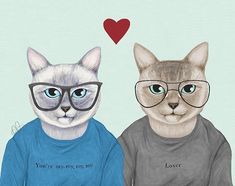 two cats wearing glasses are standing next to each other with a heart in the background