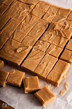 pieces of peanut butter fudge sitting on top of parchment paper