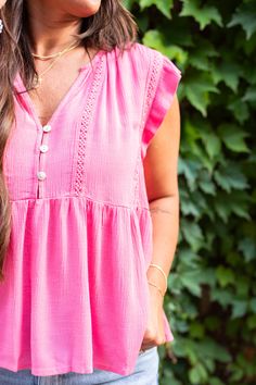 DETAILS How sweet is this babydoll blouse? With a flowy fit, textured details, function white buttons, and cute ruffle cap sleeves, this adorable top will be a cute change in your closet. Pair with denim shorts or white jeans for a fresh look! FIT TIP: True to size! Cassidy is wearing a small [5'2", 135 lbs, hourglass shape] BRAND: Wishlist Apparel Functional buttons Ruffle trim sleeves Textured details 100% Rayon CARE INSTRUCTIONS Hand wash, lay flat to dry Cute Flutter Sleeve Tops For Summer, Cute Flutter Sleeve Blouse For Summer, Cute Ruffled Flutter Sleeve Blouse, Cute Summer Tops With Flutter Sleeves, Cute Summer Blouse With Flutter Sleeves, Summer Flutter Sleeve Blouse With Lace Trim, Summer Lace Trim Flutter Sleeve Blouse, Summer Blouse With Lace Trim And Flutter Sleeves, Cute Ruffled Blouse For Vacation