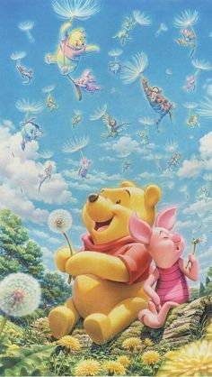 winnie the pooh and piglet are sitting together in front of dandelions