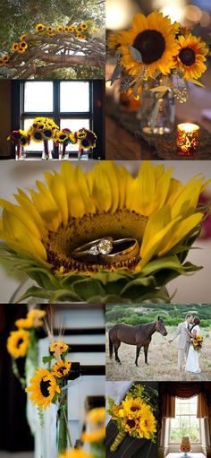 sunflowers and other flowers in vases are arranged on the table