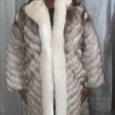 Gorgeous Blue Fox Fur Full Length Coat With White Fox Fur Trim; Herringbone Pattern On Back Embroidered Name Inside White Luxury Fur Coat For Formal Occasions, Luxury White Fur Coat For Formal Occasions, Luxury White Fur Coat For Formal Events, Luxury Fitted White Fur Coat, Full Length Coat, White Fox, Fox Fur Coat, Herringbone Pattern, Fox Fur