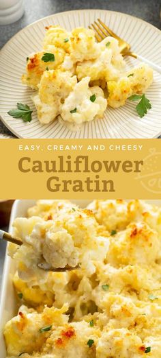 cauliflower gratin in a casserole dish on a plate with a fork