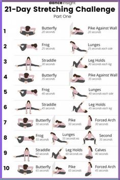 the 21 - day stretching challenge for beginners is shown in this poster, with instructions to