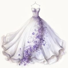 a drawing of a wedding dress with purple flowers on the skirt and in the back