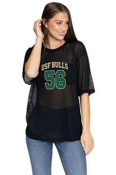 This oversized jersey with open holed mesh will have you ready for USF Bulls game day. Features short sleeves and scoop neck. 95% Modal, 5% Span. *These items are custom made just for you and can take up to 14 business days to arrive.* Tech Outfits Women, Tech Outfit, Texas State Bobcats, Usf Bulls, Ohio Bobcats, Oversized Jersey, Tailgate Outfit, Maryland Terrapins, Indiana Hoosiers