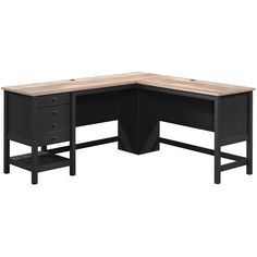 the corner desk has two drawers and is black