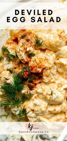 deviled egg salad with dill sprinkled on top in a white bowl