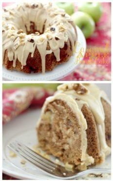 three different pictures of a bundt cake with icing and apples in the background