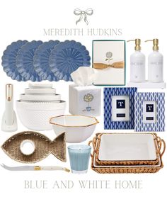 blue and white home decor with gold accents