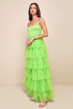 Lime Green Tulle Dress - Tiered Maxi Dress - Bustier Maxi Dress - Lulus Green Fitted Corset Dress For Evening, Fitted Tulle Gown For Summer, Summer Tulle Evening Dress Fitted, Fitted Tulle Evening Dress For Summer, Green Fitted Corset Dress For Gala, Green Corset Dress For Prom Party, Fitted Green Corset Dress For Gala, Green Corset Dress For Prom Season Party, Fitted Tulle Cocktail Gown