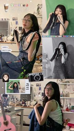 a collage of photos with different women in the same room and one woman holding a guitar