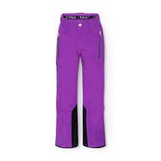 purple ski pants with black trims and zippers on the bottom, sitting against a white background