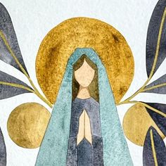 an image of the virgin mary in blue and gold colors on a white background with leaves