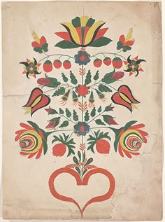 an old book with flowers and hearts on the cover, in red, green, yellow and orange colors