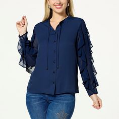 DG2 by Diane Gilman Crepe & Chiffon Ruffle-Sleeve Button-Up Blouse  Pretty and polished, this button-up blouse crafted of woven, lightweight crepe fabric is framed by long sleeves with decadent layered ruffles. Elegant Blue Blouse With Ruffle Sleeves, Trendy Blue Blouse With Ruffle Sleeves, Chiffon Outfit, Chiffon Blouses Designs, Pretty And Polished, Chiffon Fashion, Chiffon Ruffle, Sheer Chiffon, Draped Fabric