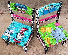 two children's chairs painted with cartoon characters