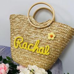 Size:15.75x9.45x10.24 in(40x24x26cm) Handwoven basket with natural wooden handles 🧺, featuring French charm, can be customized with your name. It is an excellent choice for an eco-friendly shopping bag, beach tote, or storage basket. 🌿 Whether you're heading to the beach for a vacation or going shopping at the market, our bag is the perfect companion. Made from natural materials, each basket is custom-made and handcrafted, making it completely unique. Let's use it together to protect the envir Jute Beach Bag With Bamboo Handle In Basket Shape, Spring Basket Beach Bag Made Of Palm Leaf, Spring Palm Leaf Basket Beach Bag, Yellow Basket Straw Bag For Summer, Beach Season Basket Straw Bag With Bamboo Handle, Yellow Straw Bag With Braided Handles, Beach Season Bamboo Handle Basket Straw Bag, Yellow Straw Tote Bag, Spring Basket Straw Bag For Market