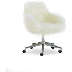 an office chair with wheels and a white fur covered seat cover on top of it