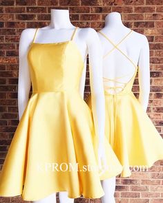 Cheap Yellow Dress With Spaghetti Straps, Modest Yellow Hoco Dress, Yellow Dress For Middle School Dance, Cheap Yellow School Dress, Yellow Spaghetti Strap Dress Casual, Yellow Party Dresses, Halter Homecoming Dress, Yellow Homecoming Dresses, School Event Dress