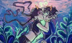 an artistic painting of two people hugging in the grass with blue and pink colors behind them