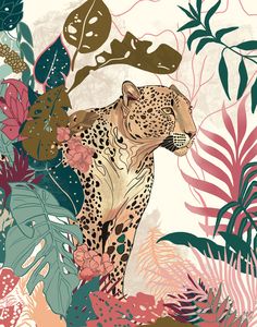 a leopard surrounded by tropical leaves and flowers