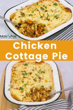 chicken cottage pie in a white casserole dish