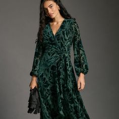 Viscose, Nylon; Polyester Lining Tie Closure Dry Clean Imported Dimensions Standard: Falls 48" From Shoulder Burnout Velvet Dress, Green Long Sleeve Dress, Burnout Velvet, Wrap Maxi Dress, Maxi Wrap Dress, Anthropologie Dress, Hutch, Anthropologie Dresses, Velvet Dress