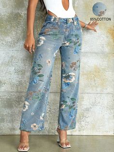 90s Vintage Floral Print High Waist Slant Pocket Wide Leg Jean Casual Street Hottie Outfit High Waist Wide Leg Jeans, Polished Casual, Print Jeans, Jean Large, Traje Casual, Printed Jeans, Cute Jeans, Vintage Floral Print, Women Denim Jeans