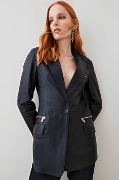 Women's Black Leather Blazer Sleek Black Leather Jacket For Evening, Luxury Black Leather Jacket, Luxury Black Leather Jacket For Night Out, Luxury Black Blazer For Night Out, Luxury Evening Outerwear With Pockets, Custom Blazer, Leather Shorts Women, Black Leather Blazer, Leather Jumpsuit